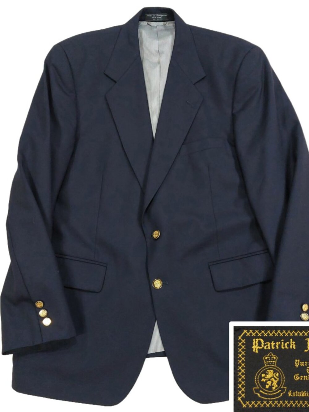 Patrick James Gold Button Blazer Sport Coat 42R, Wool Solid Navy Blue, Yatching